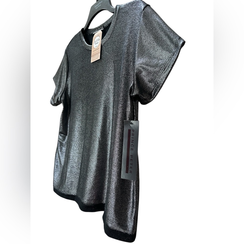 NWT Prince Peter Collection Dk Gray Silver Metallic Short Sleeve Tee Top Size L - Picture 3 of 12